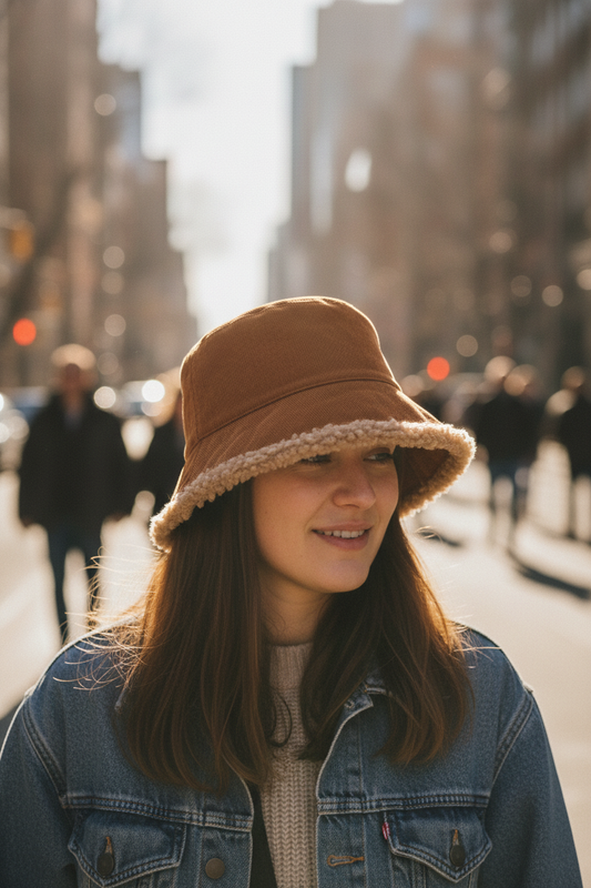 Brown bucket hat with fur trim on a white background
