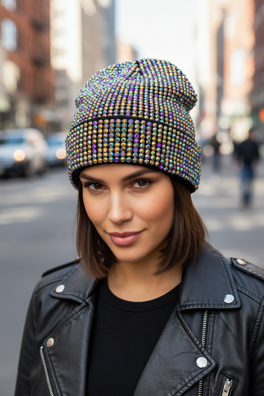 Beanie hat covered in multicolored rhinestones on a white background