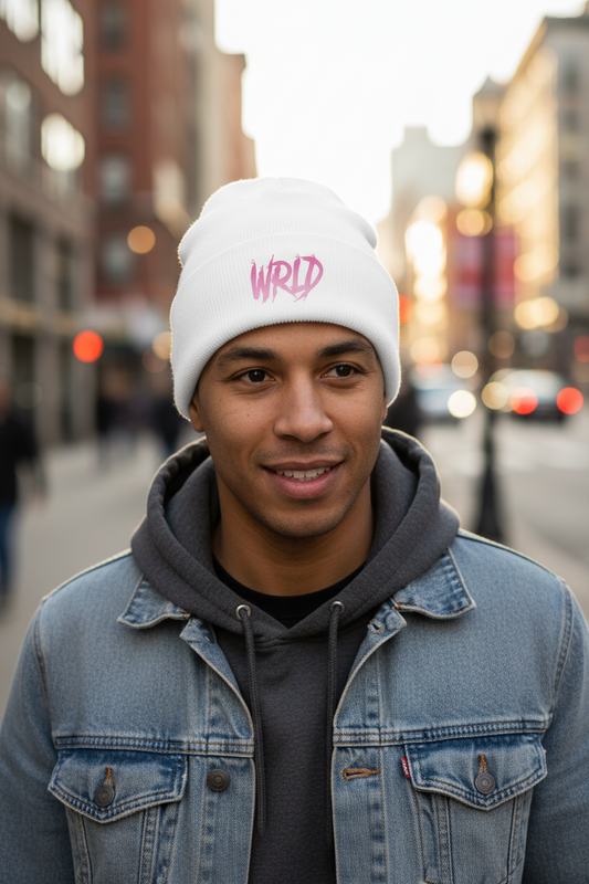 White beanie with pink 'WRLD' logo on a white background