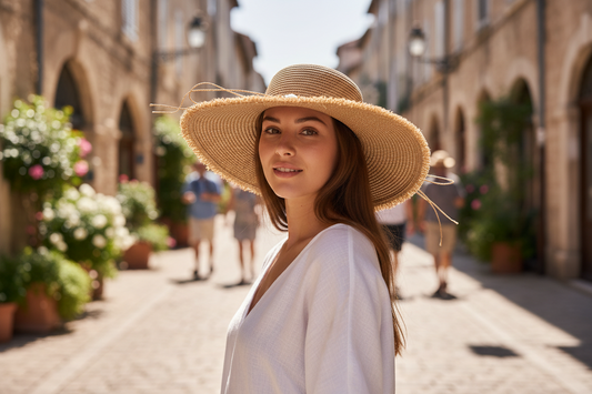 Brown straw hat with a wide brim on a white background
