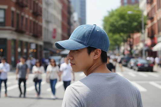 Blue denim cap on a white background