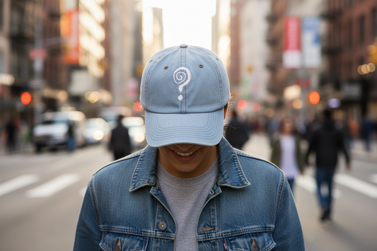 Light blue denim cap with white embroidered question mark on a white background