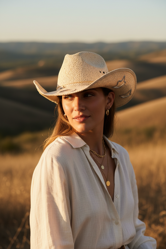 Celestial Straw Cowboy Hat – Star & Moon Cutouts, Holographic, Wide Brim, 4 Styles