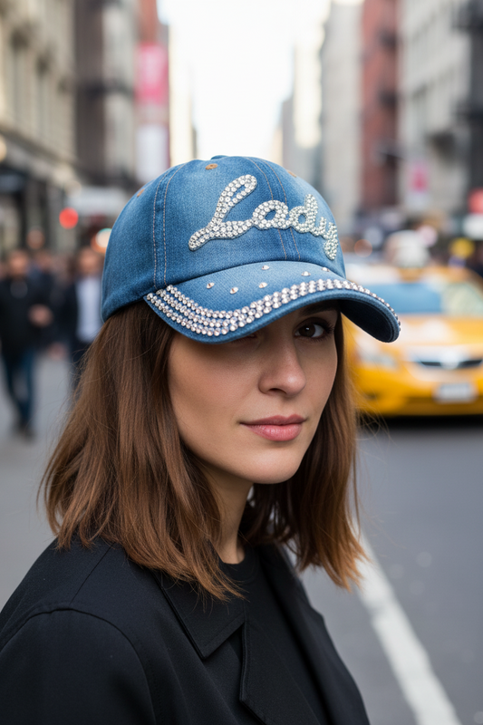 A blue denim baseball cap with 'PAIS' written on the front in stylized lettering, adorned with rhinestone embellishments.