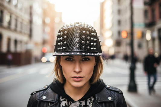 Black studded cap on a white background