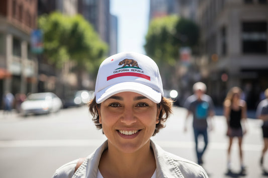 A white canvas sun hat with a flat brim and a 'California Republic' logo featuring a bear and a star on the front.