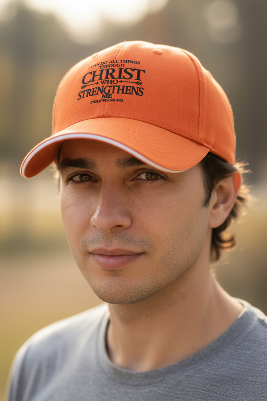 Orange cap with black text on a white background
