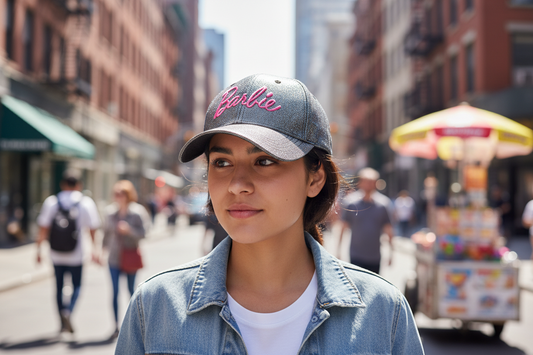 Denim cap with pink 'Barbie' text on a white background