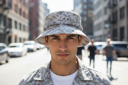 A camouflage patterned tactical short brim bonnie hat displayed on a mannequin head.