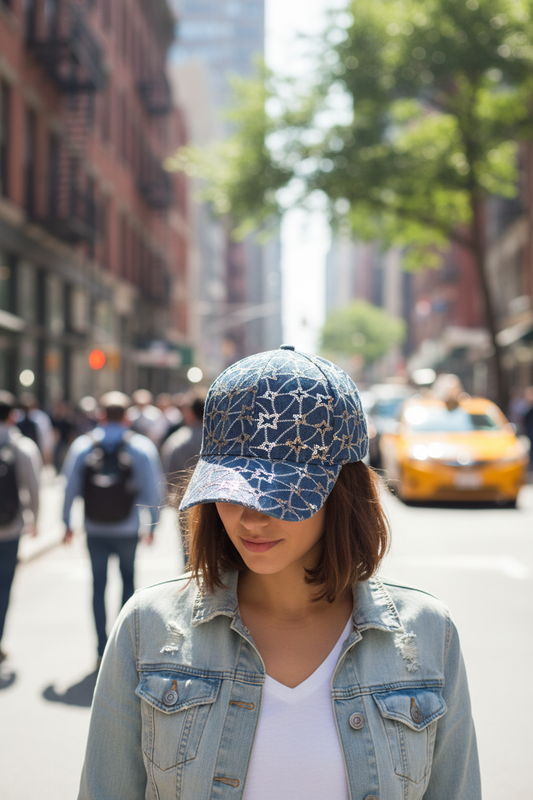 Blue denim cap with gold sequin patterns on a white background