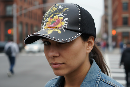 A collection of baseball caps with 3D printed designs, featuring patterns such as a skull, a dragon, and other imaginative motifs.