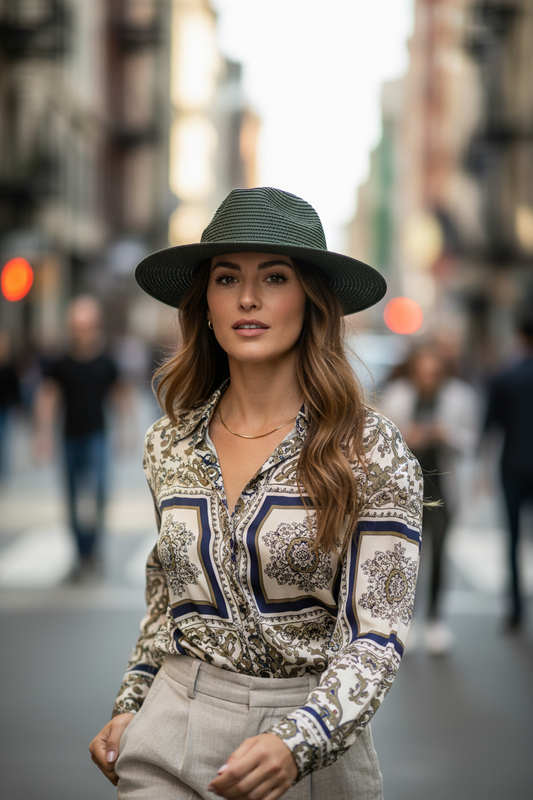 Green straw hat with a brown band on a white background