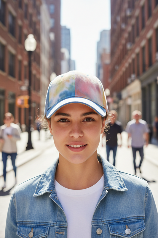 A black and white tie-dye patterned baseball cap.