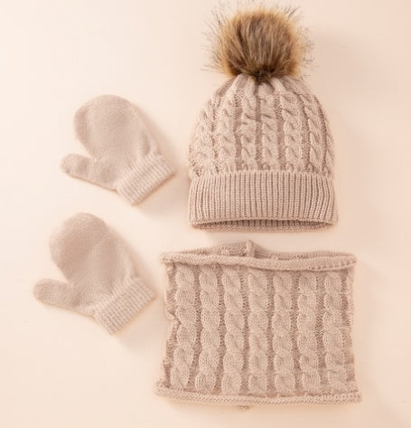 TheCapSpot - New Wool Single Color Twist Warm Children Hat Scarf Gloves