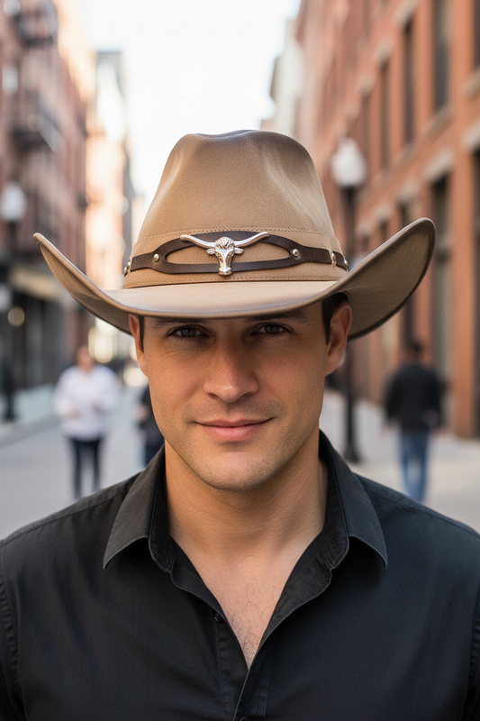 Brown cowboy hat with a decorative band featuring a bull head emblem on a white background