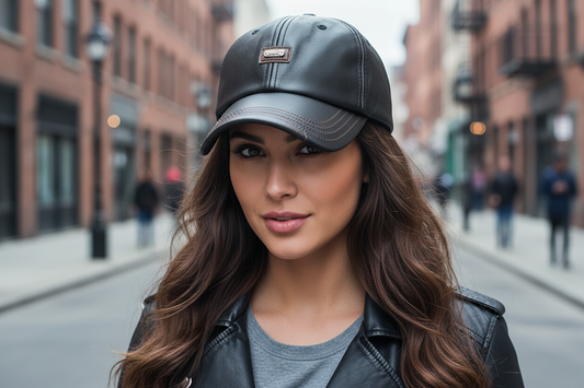 Gray leather cap with brown stitching on a white background