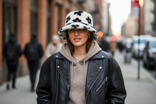 Fluffy bucket hat with black floral pattern on a white background