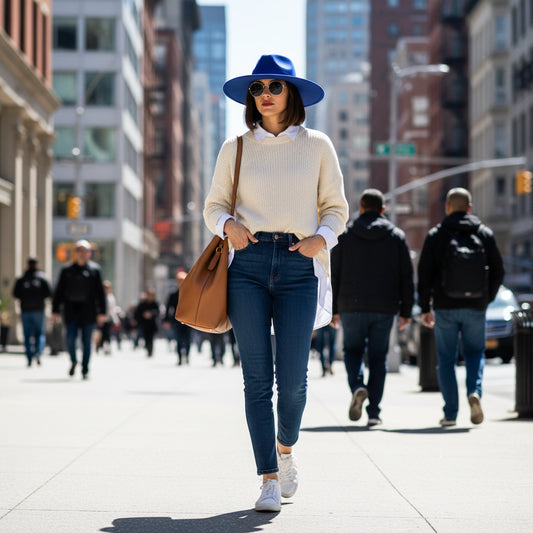 Blue fedora hat on a white fabric background