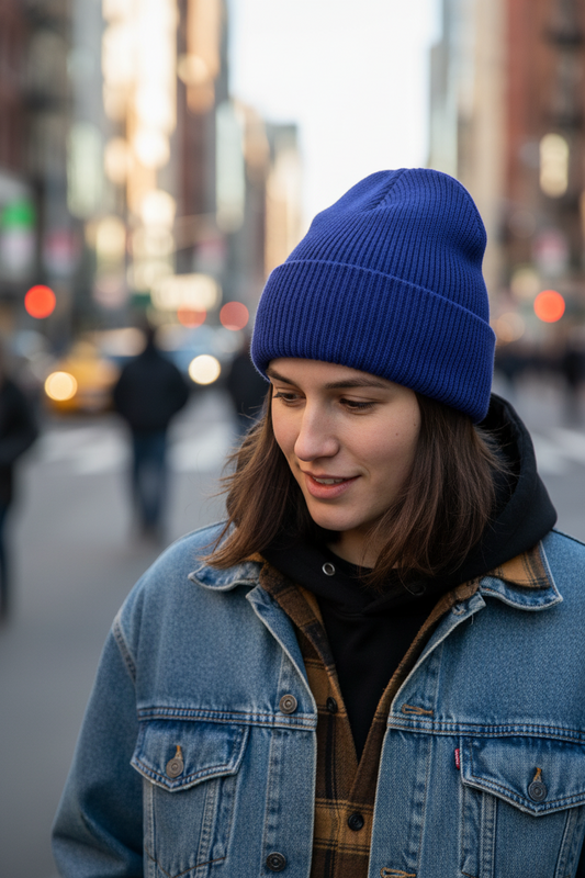 Three knitted hats in gray, brown, and black colors, displayed in a row.