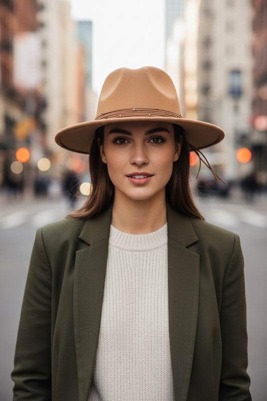 Brown wide-brimmed hat with decorative band on a mannequin head against a white background