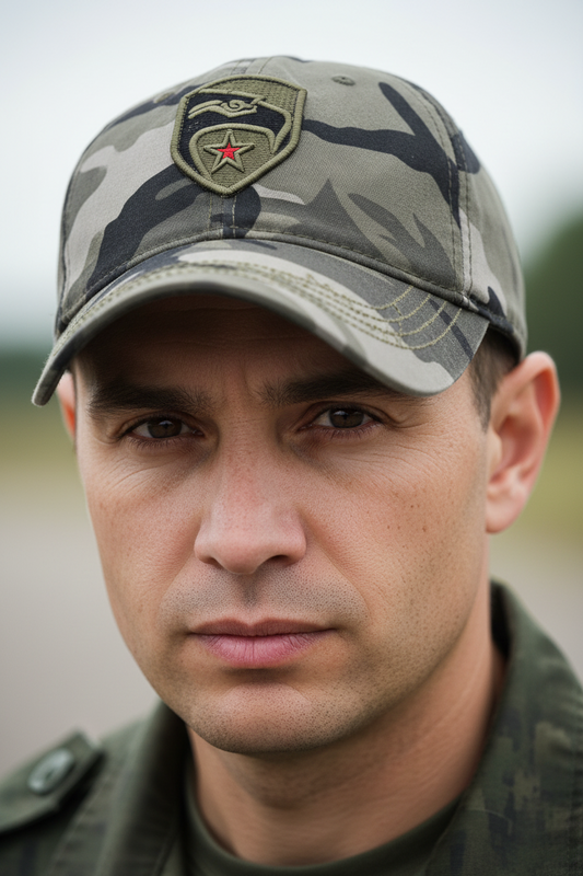 A camouflage baseball cap with an embroidered pentagram on the front.