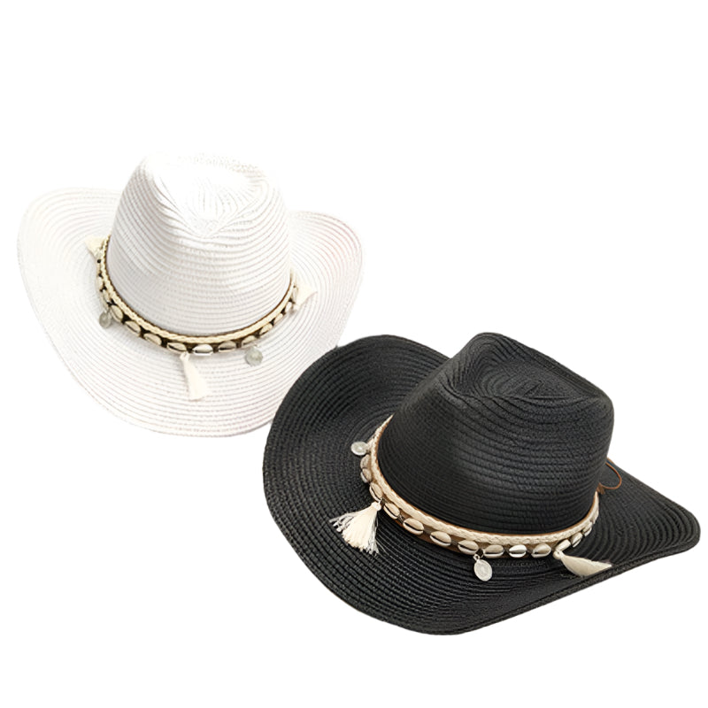 White and black straw hats with decorative bands on a white surface.