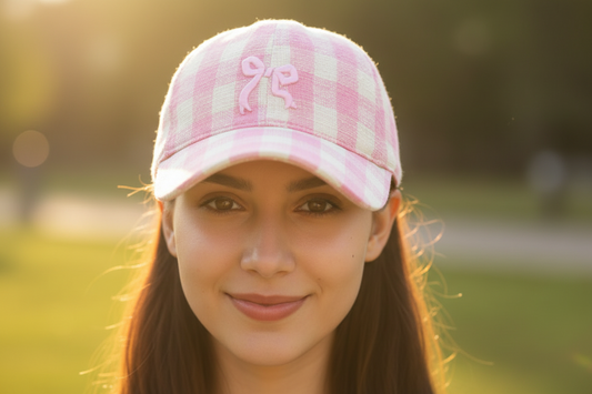 Pink and white checkered baseball cap with a logo on a white background