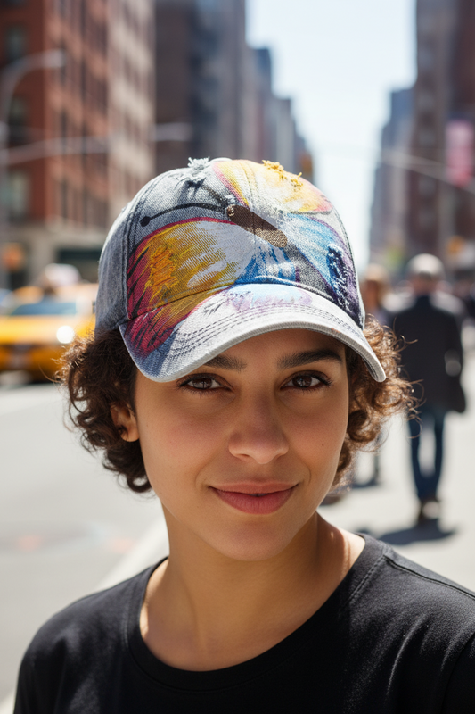 Denim cap with colorful butterfly design on a white background