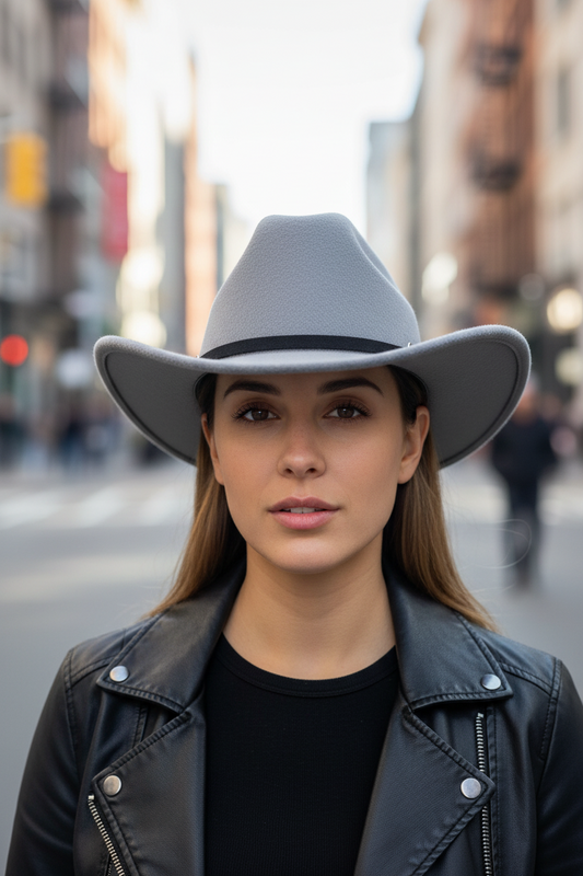 A gray felt hat with a cowboy style brim and a decorative band featuring metal rings.