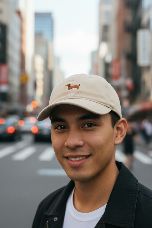 A collection of baseball caps in various colors, featuring a small embroidered animal silhouette on the front.