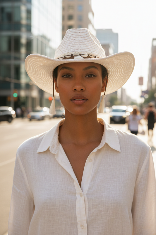 White straw hat with decorative band on a white surface
