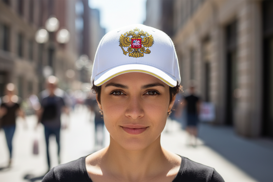 White cap with a gold and red emblem on a white background