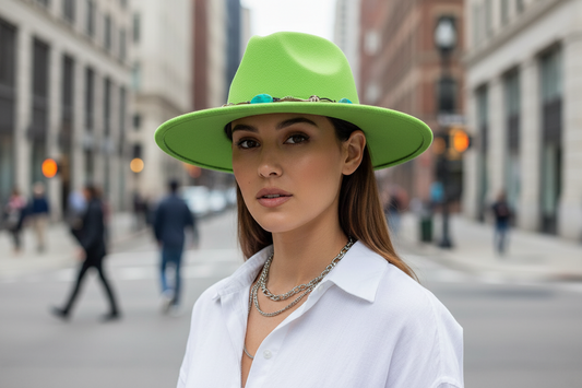 Green hat with decorative band on a white background