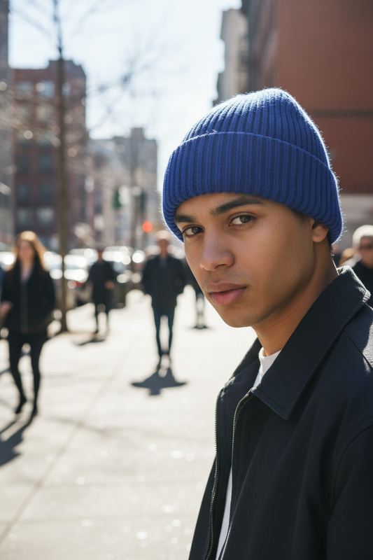 Blue knit beanie on a light gray background