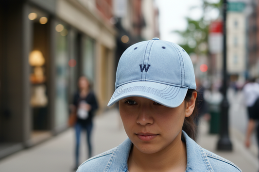 Three denim sun hats for women with a dome shape and a letter 'W' on the front in different shades of blue and one in black color, presented in a way that shows the front, side, and back views.