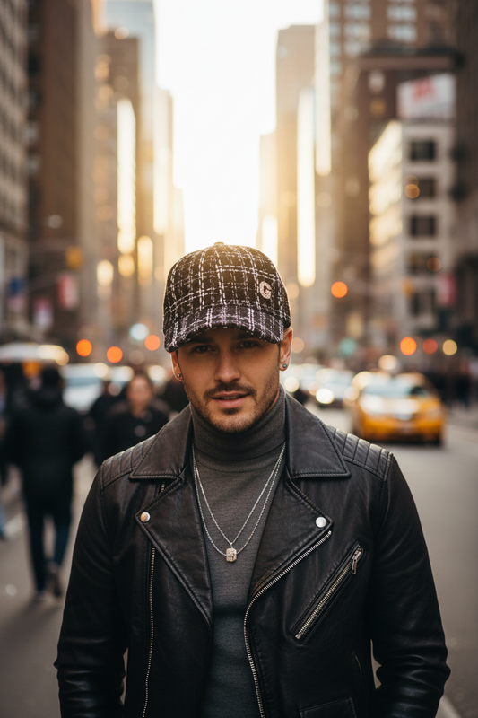 Black and white checkered cap on a white background