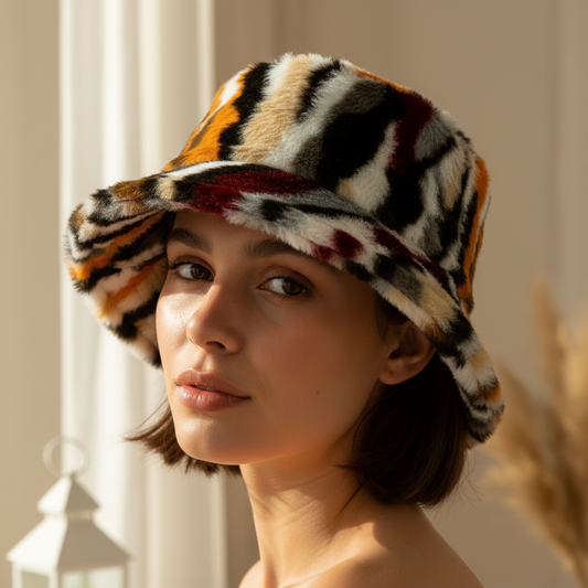 Multicolored fur bucket hat on a white background