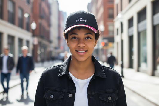 Black cap with pink and brown design and 'The Munchies' text on a white background