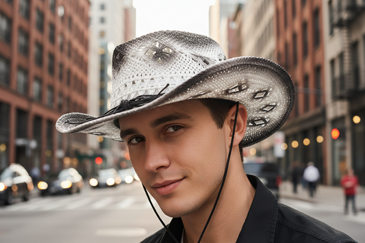 Silver cowboy hat with decorative elements on a white background