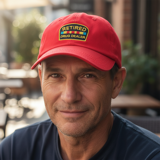 Two baseball caps, one red and one black, with a 'RETIRED' patch on them, placed side by side.