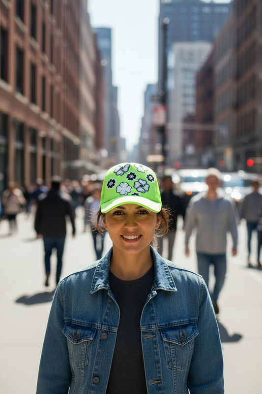 A black baseball cap with a mesh back and white floral pattern