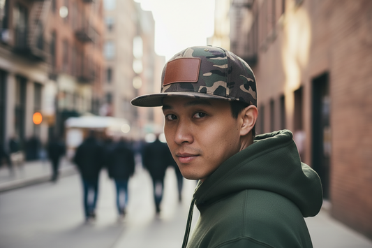 Camouflage baseball cap with a brown leather patch on a white background