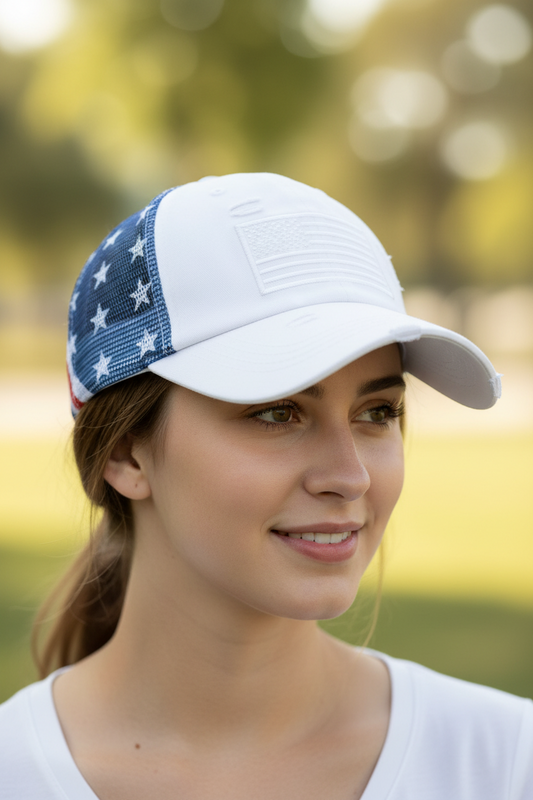 White cap with American flag design on a white background