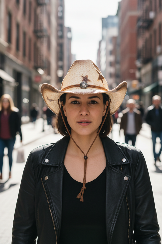 Straw cowboy hat with star patterns and a brown band on a white background