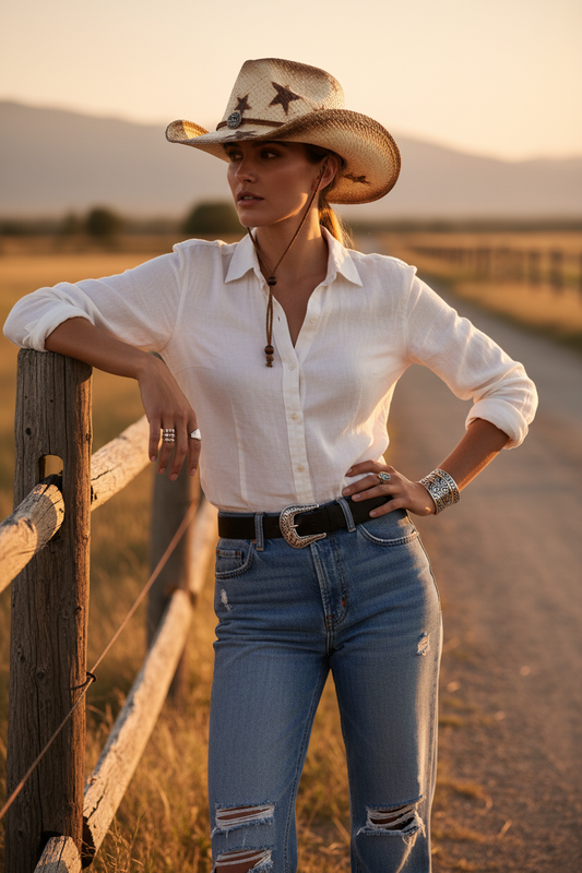 Fisher Straw Cowboy Hat with Star Pattern, Curved Brim