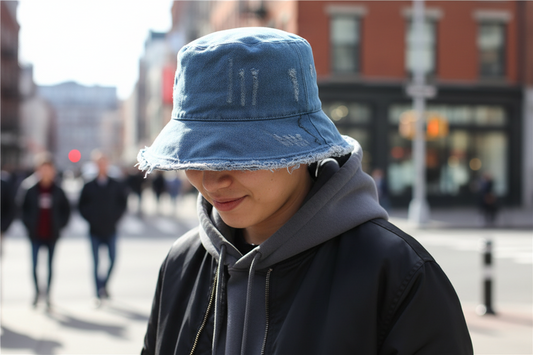 Blue denim bucket hat on a white fabric background