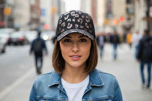 Black cap with leopard print pattern on a light gray background