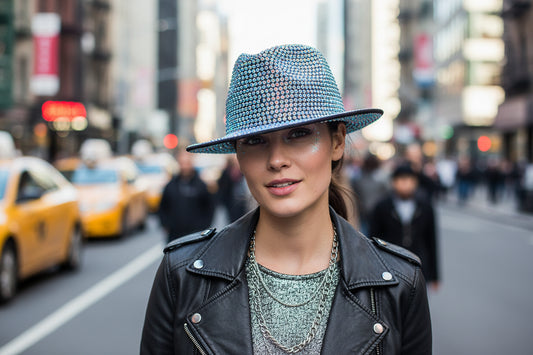 Multicolored rhinestone hat on a white background