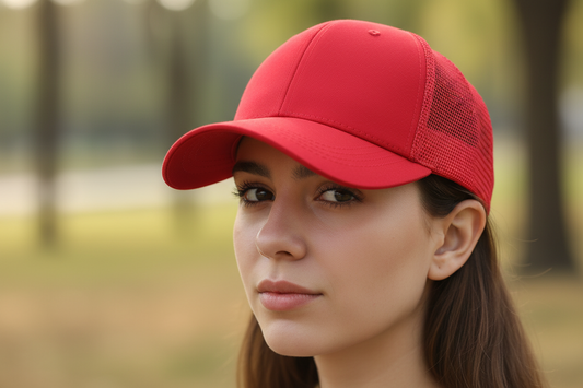 A beige-colored baseball cap with a net back visor designed for ladies, featuring a ponytail hole.
