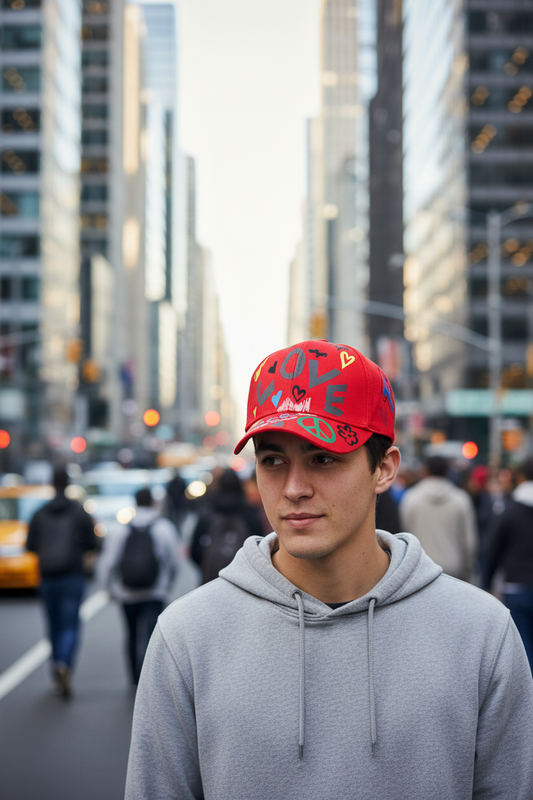 Red cap with colorful graphics on a white background